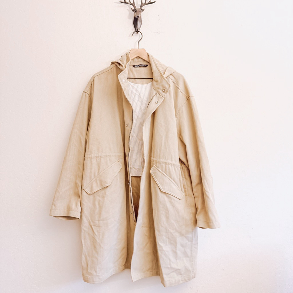 ZARA Women's Beige Full Zip Utility Hooded Coat Jacket Size Medium